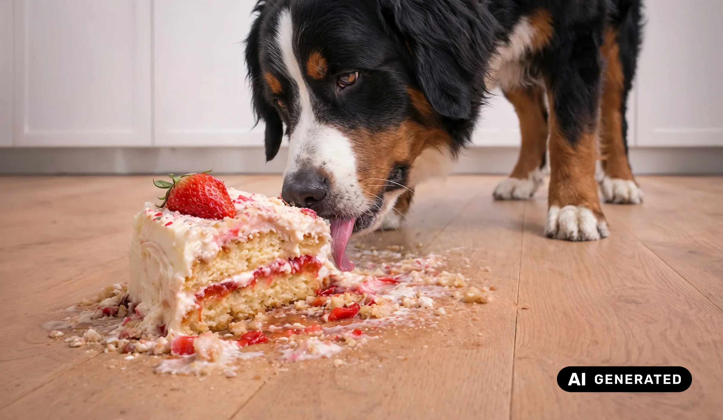 Ein Hund frisst Erdbeerkuchen auf einem mit Kiwi-Now-Bodenpaneelen des Modells 30KN04 ausgelegten Boden.