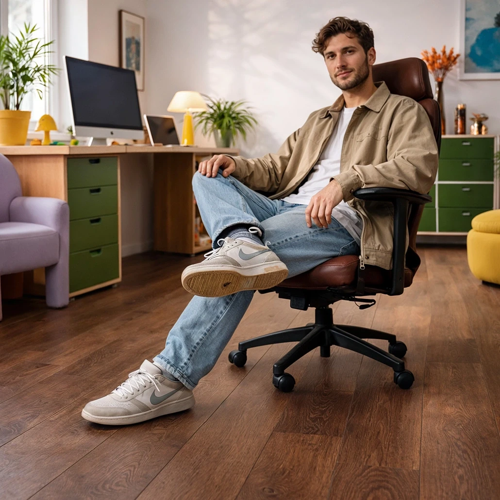 Ein Mann sitzt mit gekreuzten Beinen auf seinem Bürostuhl auf einem mit Kiwi-Now-Bodenpaneelen des Modells 40KN542 ausgelegten Boden.