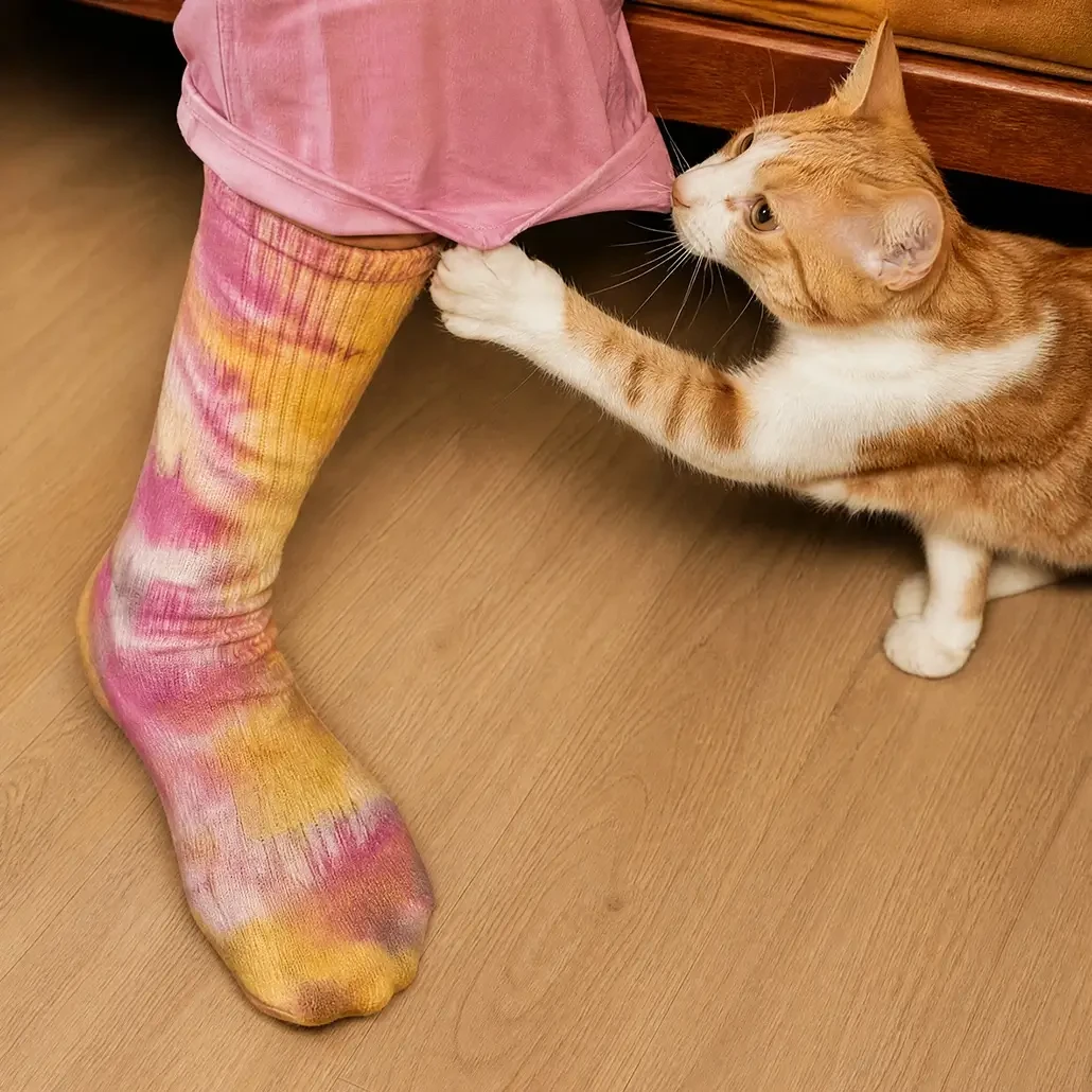Eine Katze zieht eine Person an den Socken, während sie auf einem mit Kiwi-Now-Bodenpaneelen des Modells 40KN792 ausgelegten Boden sitzt.