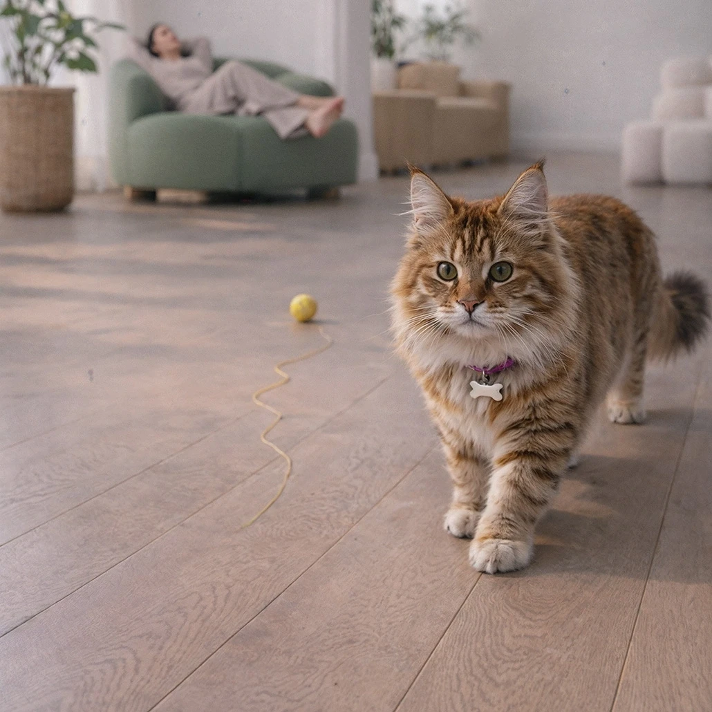 Eine Katze in einem Raum mit Bodenpaneelen des Modells 47KN63