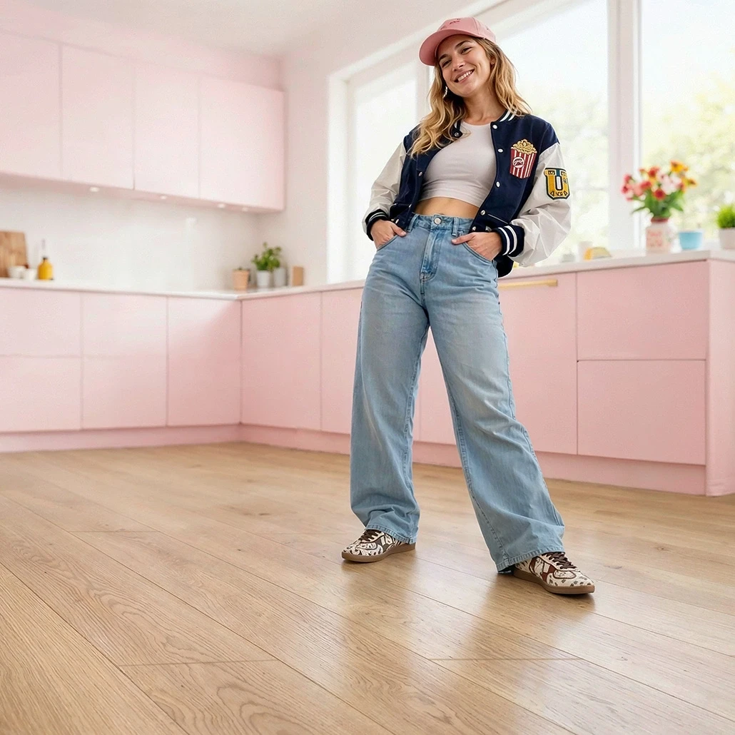 Eine Frau steht mit den Händen in den Taschen in einer Küche mit Kiwi-Now-Bodenpaneelen des Modells 91KN812.