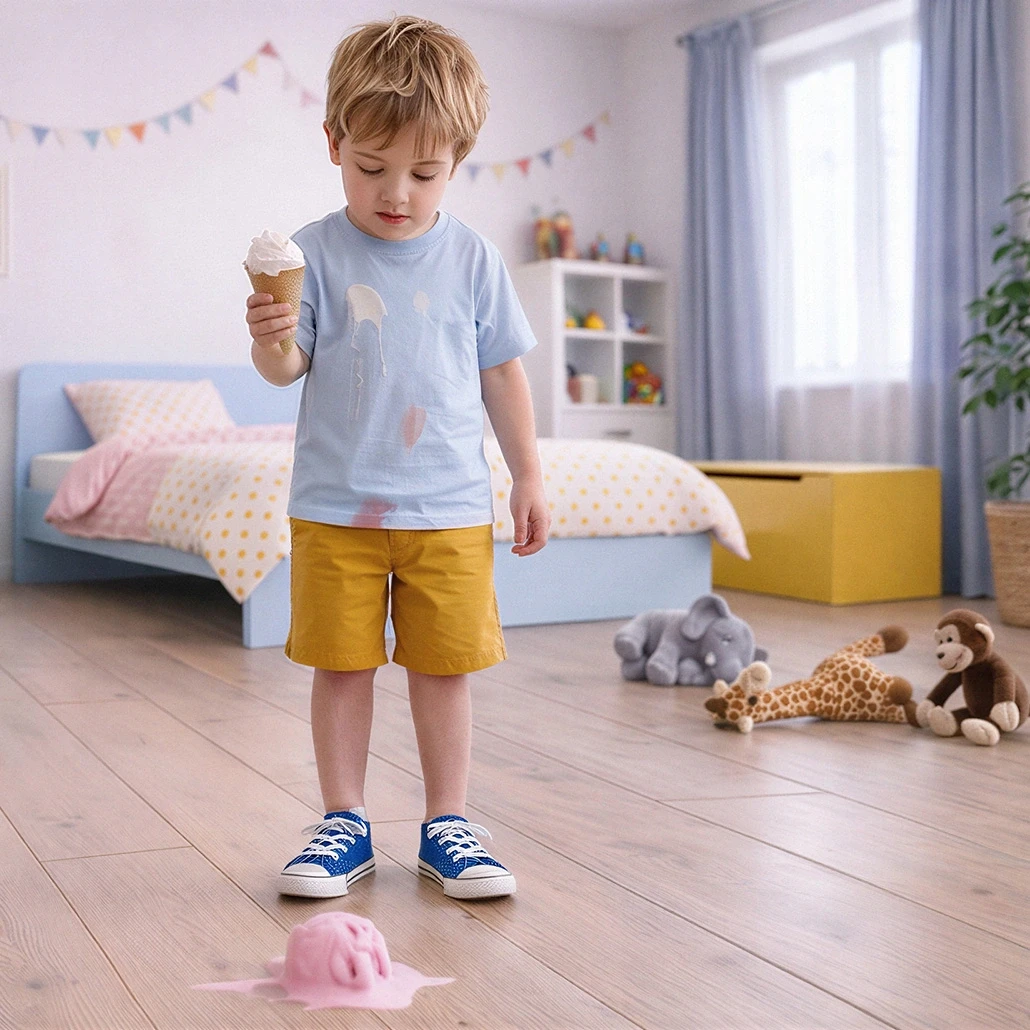 Ein Kind schaut auf eine schmelzende Kugel Eis auf einem mit Kiwi-Now-Bodenpaneelen des Modells 91KN832 ausgelegten Boden.